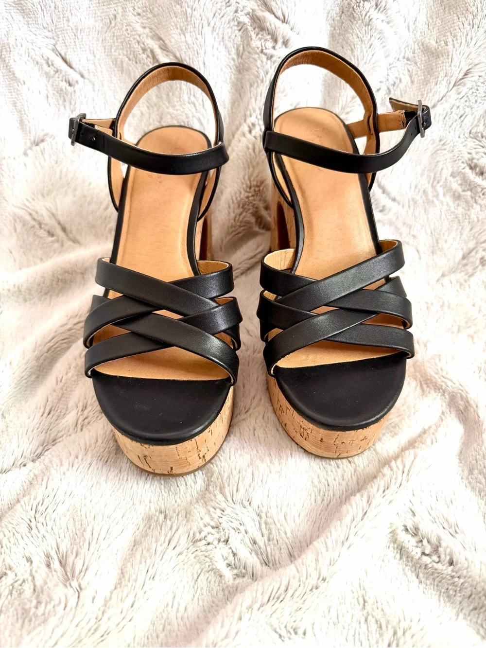 Crown Vintage Black Strappy Cork Platform Heels